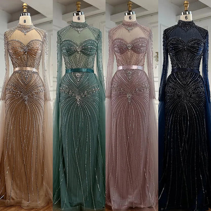 Luxury Nude Modest Beaded Evening Dress Long Sleeves With Overskirt LA72990 - SERENE HILL