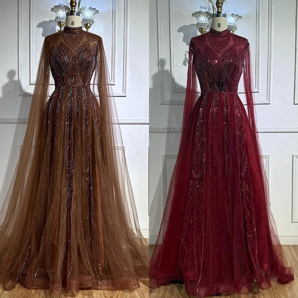 Luxury Brown Beaded Evening Gown with Cape Arabic Style LA72951 - SERENE HILL
