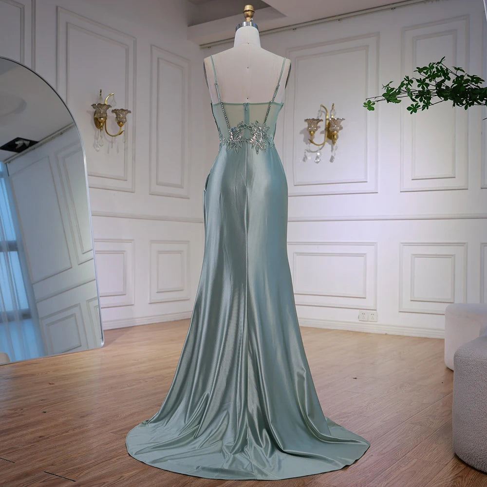 Luxury Mint Green Satin Beaded Prom Dress with Slit Spaghetti Straps SERENE HILL Luxury Mint Green Satin Beaded Prom Dress with Slit Spaghetti Straps SERENE HILL