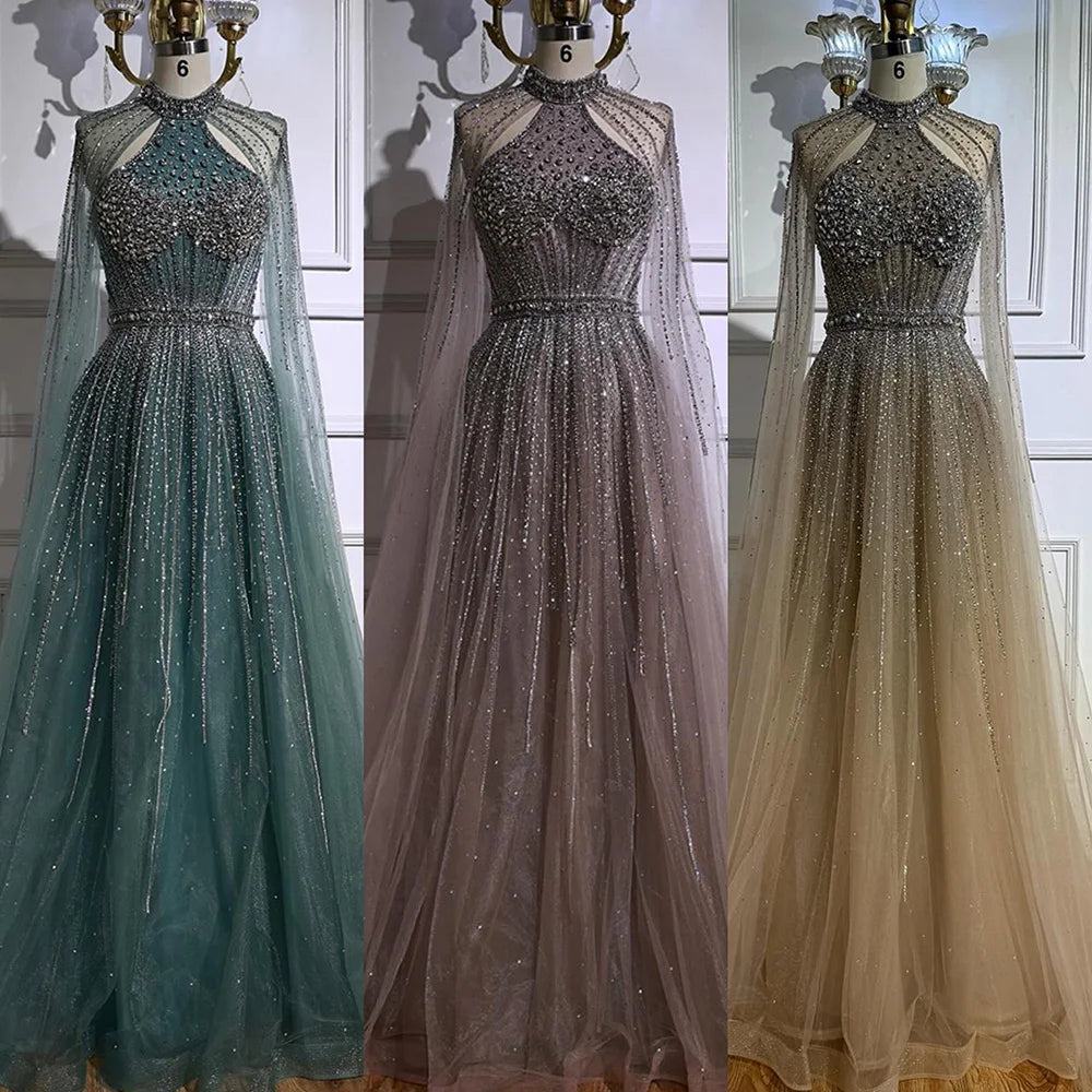 Luxury Beaded A-Line Evening Dress with Cape Sleeves LA73054 - SERENE HILL