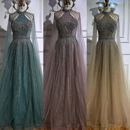 Luxury Beaded A-Line Evening Dress with Cape Sleeves LA73054 - SERENE HILL