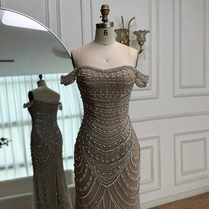 Luxury Arabic Caramel Beaded Mermaid Evening Dress with Pearls SERENE HILL LA72253C - SERENE HILL