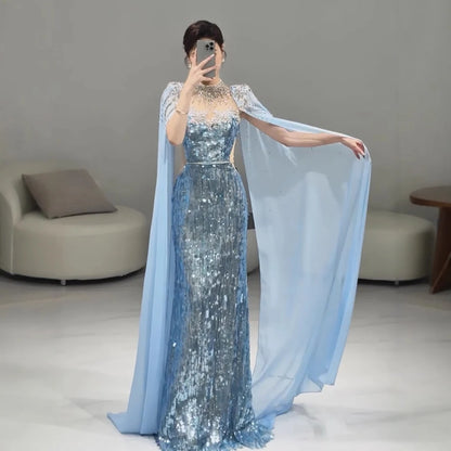 Luxury Dubai Blue Mermaid Evening Dress with Cape LA73419 - SERENE HILL