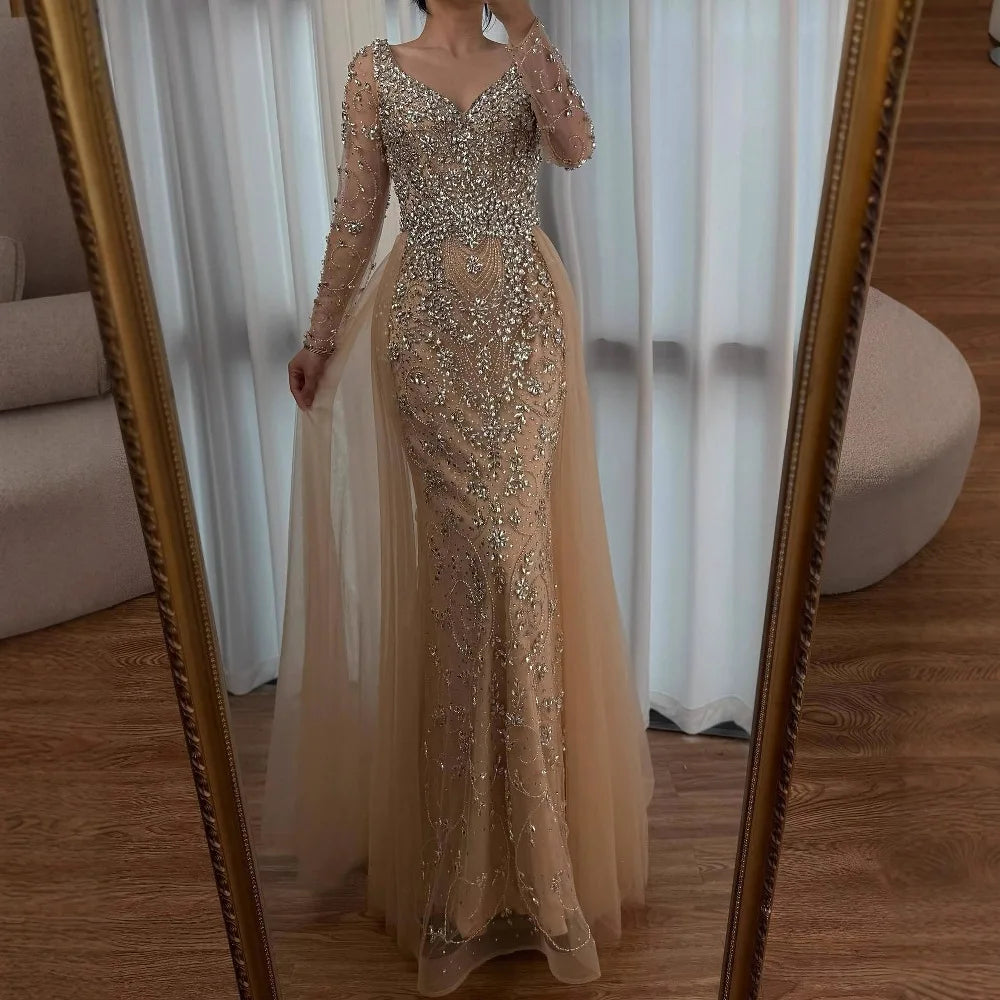 Luxury Nude Beaded Mermaid Evening Dress with Overskirt LA73042A - SERENE HILL