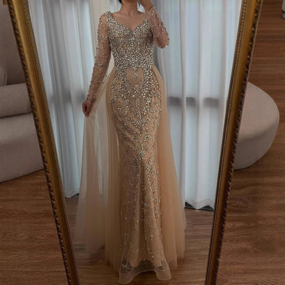 Luxury Nude Beaded Mermaid Evening Dress with Overskirt LA73042A - SERENE HILL