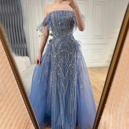 Luxury Dubai Blue Mermaid Gown Luxury Feathers Beaded Saudi Evening Dress with Overlay Skirt for Formal Occasion LA72727 - SERENE HILL
