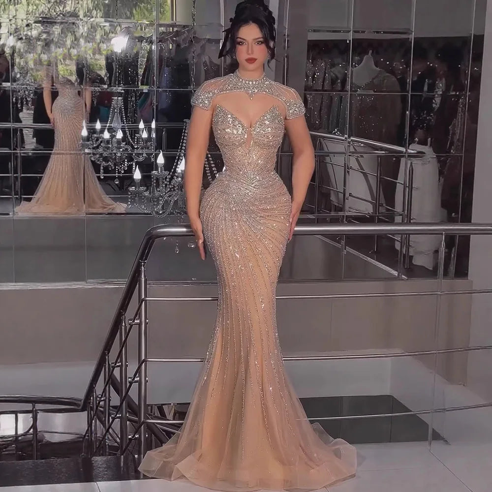 Nude Mermaid Evening Dress with Detachable Beaded High Neck LA73087 - SERENE HILL