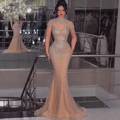 Nude Mermaid Evening Dress with Detachable Beaded High Neck LA73087 - SERENE HILL