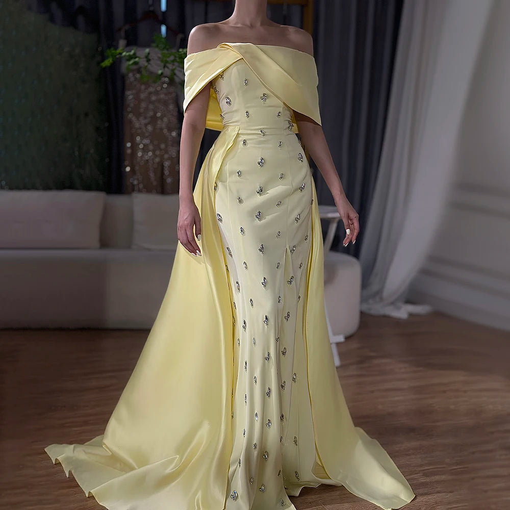 Serene Hill Blue Satin Simple Elegant High Split Mermaid Boat Neck Beaded Evening Dresses Gowns for Women Party 2025 LA72458 - SERENE HILL