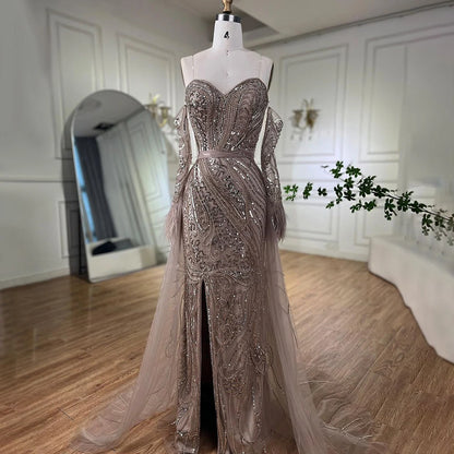Luxury Arabic Nude Mermaid High Split Feather Beaded Evening Dress LA71910 - SERENE HILL
