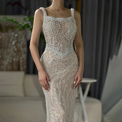 Luxury White Nude Pearl Beaded Mermaid Evening Dress LA72266 - SERENE HILL