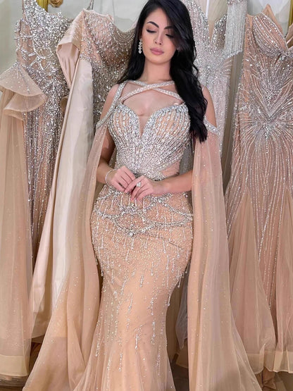 Luxury Nude Cape Sleeves Beaded Crystal Evening Dress LA72806 - SERENE HILL