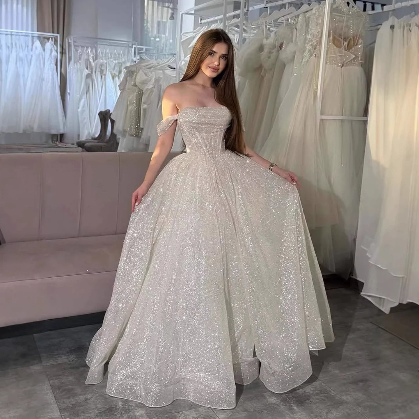 Luxury Pink Sequin Off Shoulder Evening Dress Ball Gown LA73456 - SERENE HILL