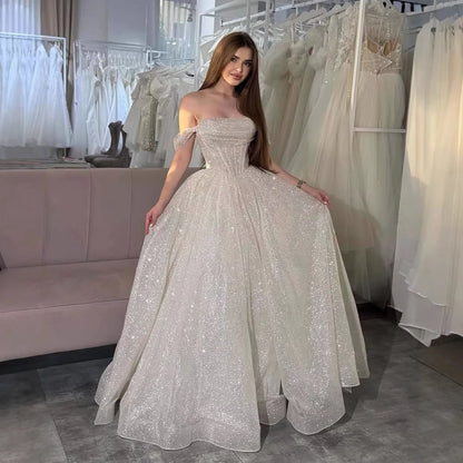 Luxury Pink Sequin Off Shoulder Evening Dress Ball Gown LA73456 - SERENE HILL