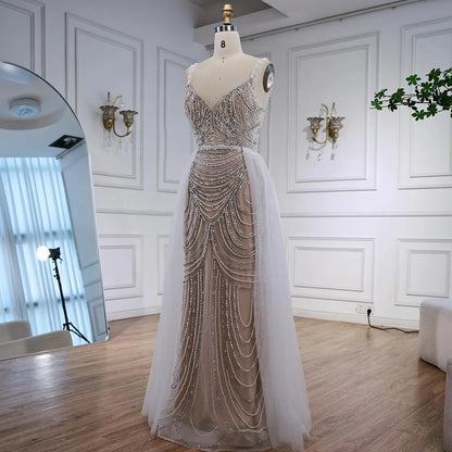 Nude Beaded Arabic Evening Gown with Spaghetti Straps LA72253A - SERENE HILL