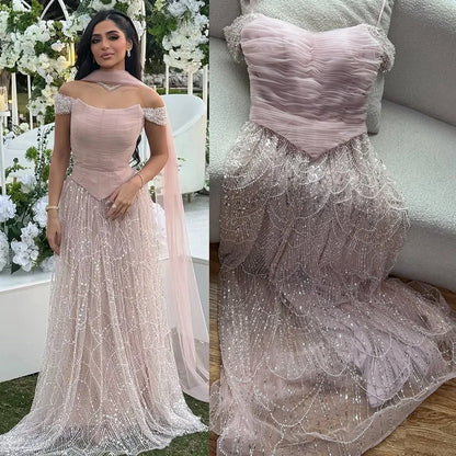 Luxury Arabic Pink Pearls Beaded Evening Dress With Cape LA72922 - SERENE HILL