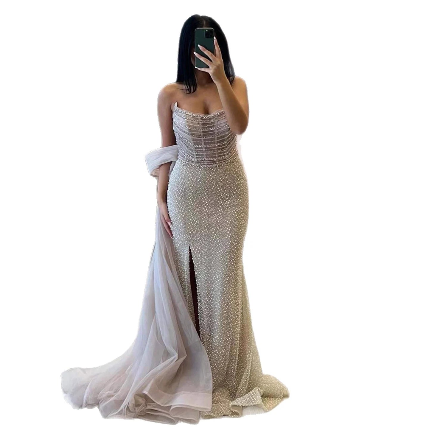 Luxury Evening Dress Nude BeadedSheath Gown With Tulle Train LA73388 - SERENE HILL