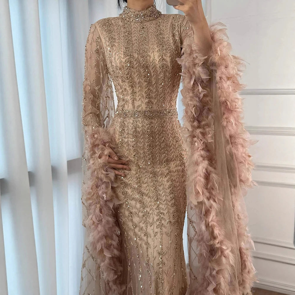 Elegant Rose Gold Evening Dress Featuring Feathered Cape Sleeves LA729