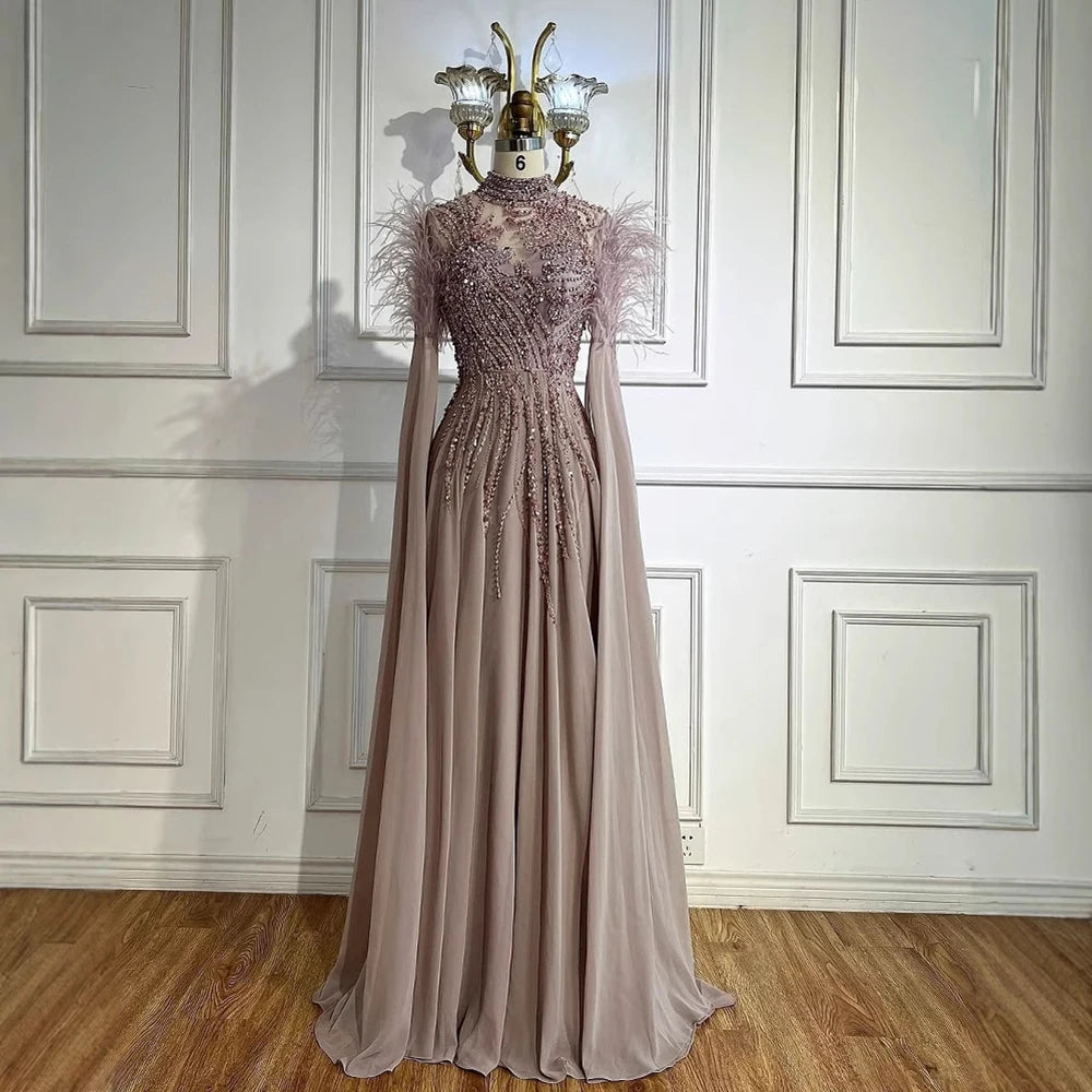Luxury Pink Feather Beaded Evening Dress with Long Cape Sleeves LA72982 - SERENE HILL