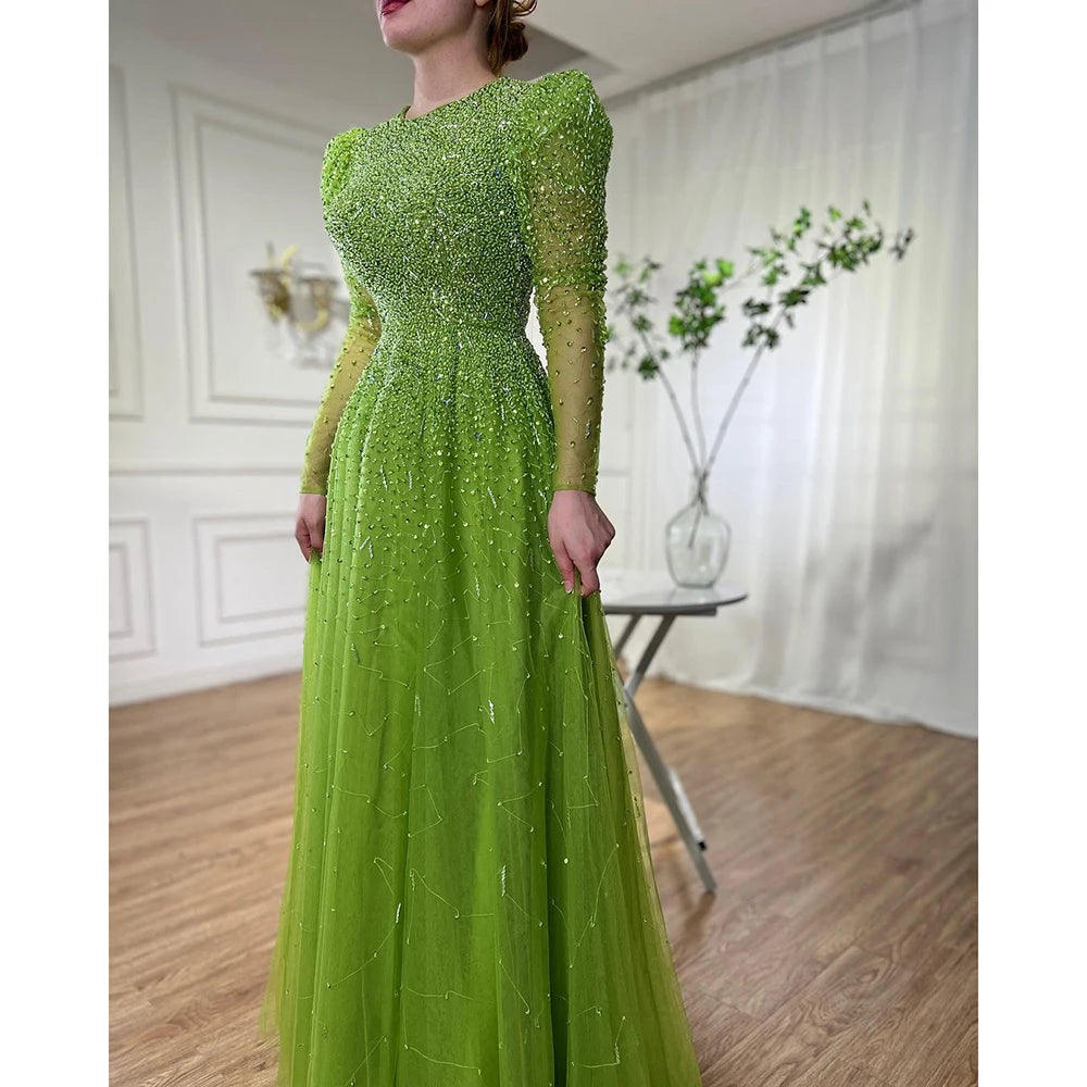 Green Mermaid Elegant With Skirt Sleeves Beaded Evening Dresses Gowns For Party LA71762 - SERENE HILL
