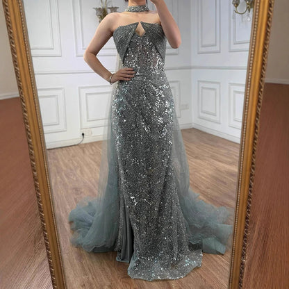 Luxury Gray Beaded Evening Dress with Long Cape LA73159 - SERENE HILL