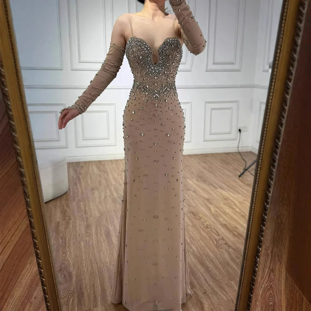 Luxury Nude Beaded Dress with Detachable Sleeves LA73065 - SERENE HILL