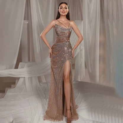 Serene Hill Luxury Dubai Caramel Spaghetti Strap Mermaid Beaded Evening Dresses Gowns For Women Wedding Party 2025 LA72579 - SERENE HILL