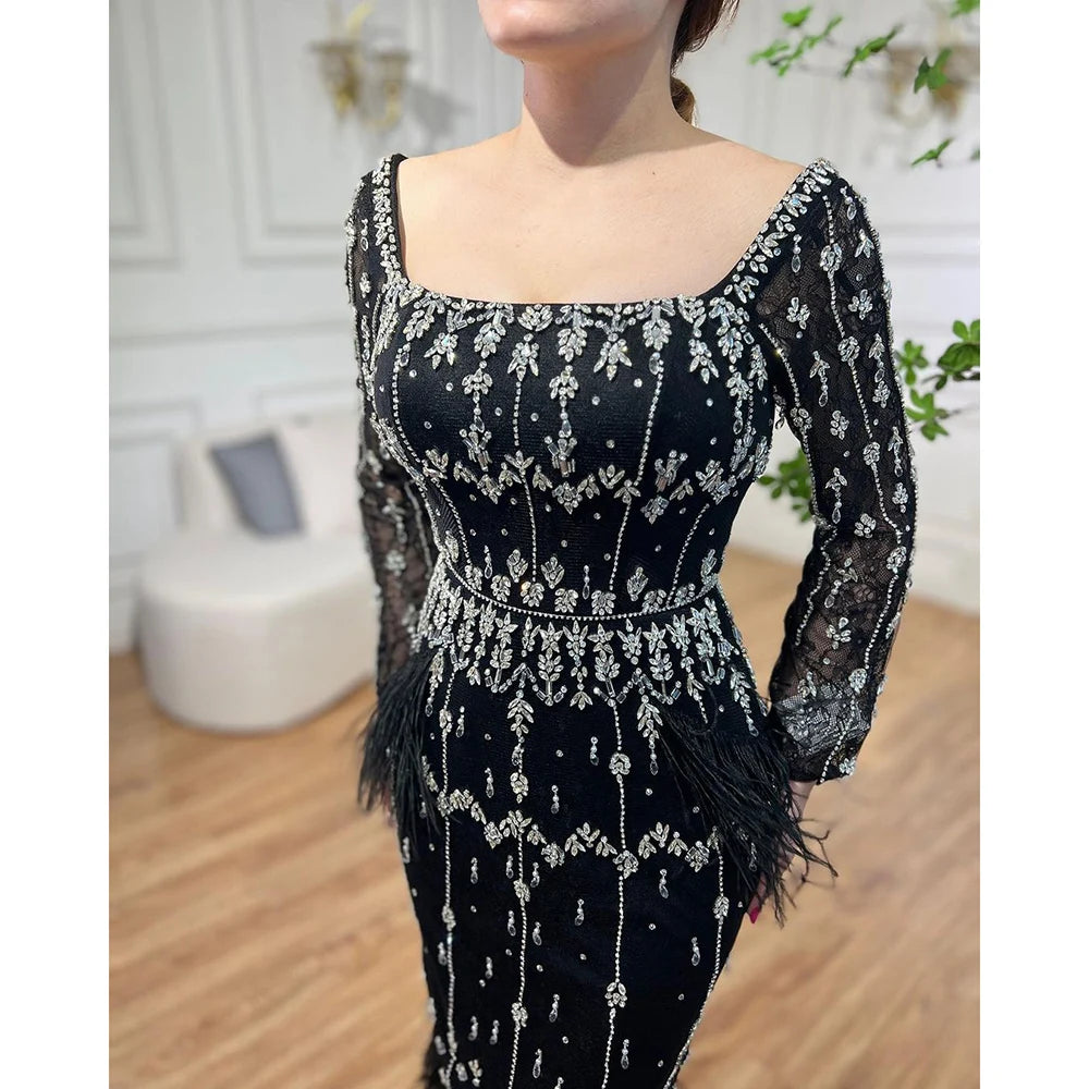 Luxury Black Feathers Midi Evening Dress with Long Sleeve LA71492AM - SERENE HILL