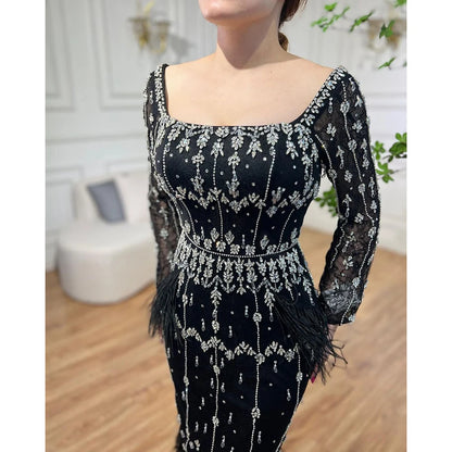 Luxury Black Feathers Midi Evening Dress with Long Sleeve LA71492AM - SERENE HILL