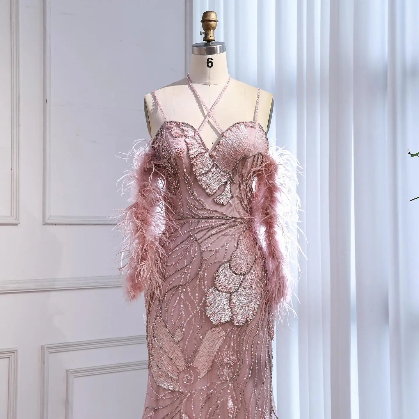 Luxury Pink Beaded Mermaid Evening Dress with Spaghetti Straps LA72492 - SERENE HILL