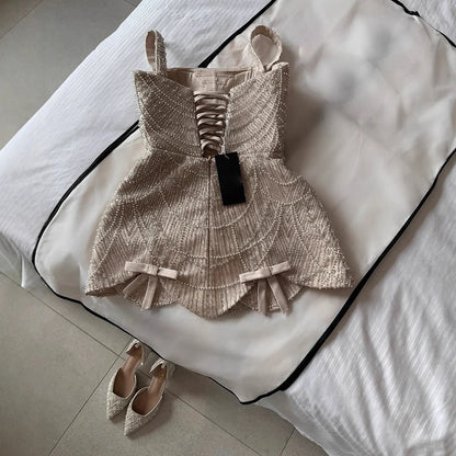 Luxury Nude Pearl Beaded A-Line Mini Evening Dress LA73211 - SERENE HILL