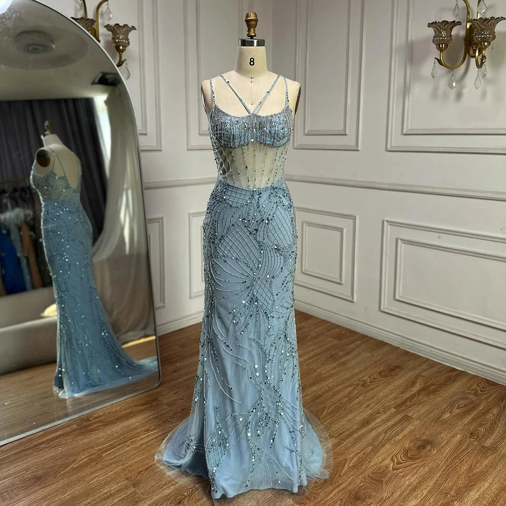 Luxury nude Spaghetti Strap Beaded Mesh Evening Dress LA72927 - SERENE HILL