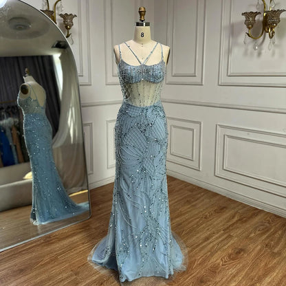 Luxury nude Spaghetti Strap Beaded Mesh Evening Dress LA72927 - SERENE HILL