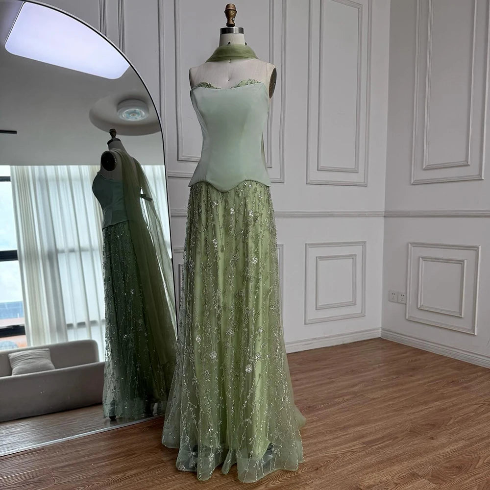 Luxury Sage Green and Pink Arabic Beaded Evening Dress LA72805D - SERENE HILL