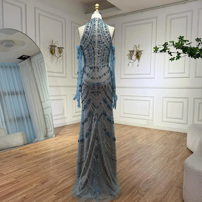 Luxury Dubai Arabic Blue Beaded Evening Dress with Gloves LA72760A - SERENE HILL