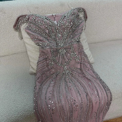 Luxury Pink Crystal Tassel Off Shoulder Evening Dress Dubai LA73204 - SERENE HILL