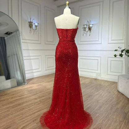 Red Long Cape Pearls Beaded Mermaid Evening Dress Gown LA72585A - SERENE HILL