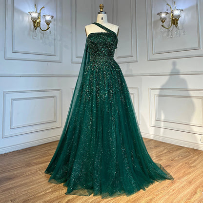 Serene Hill Navy Blue One Shouler Cape Sleeve Evening Dresses Gowns 2025 A-Line Beaded Luxury For Woman Party LA71432 - SERENE HILL