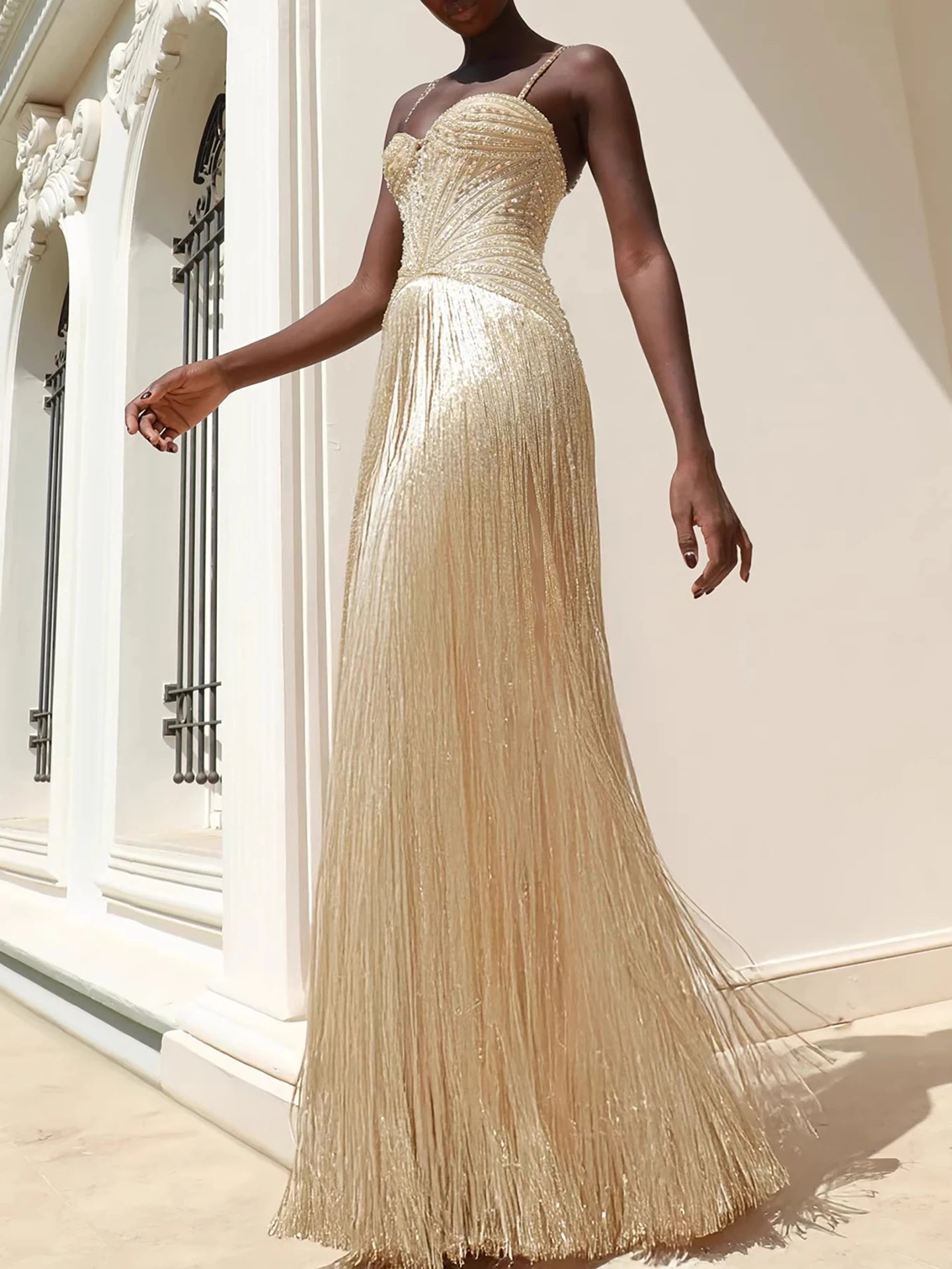 tassel gold dress Sherri Hill fully beaded plunging vneck fringe pageant dress main image 1