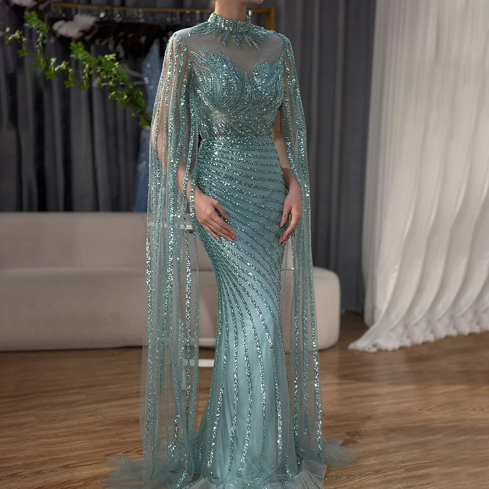 Luxury Dubai Arabic Nude Mermaid Long Evening Dresses With CapeLA71885B - SERENE HILL