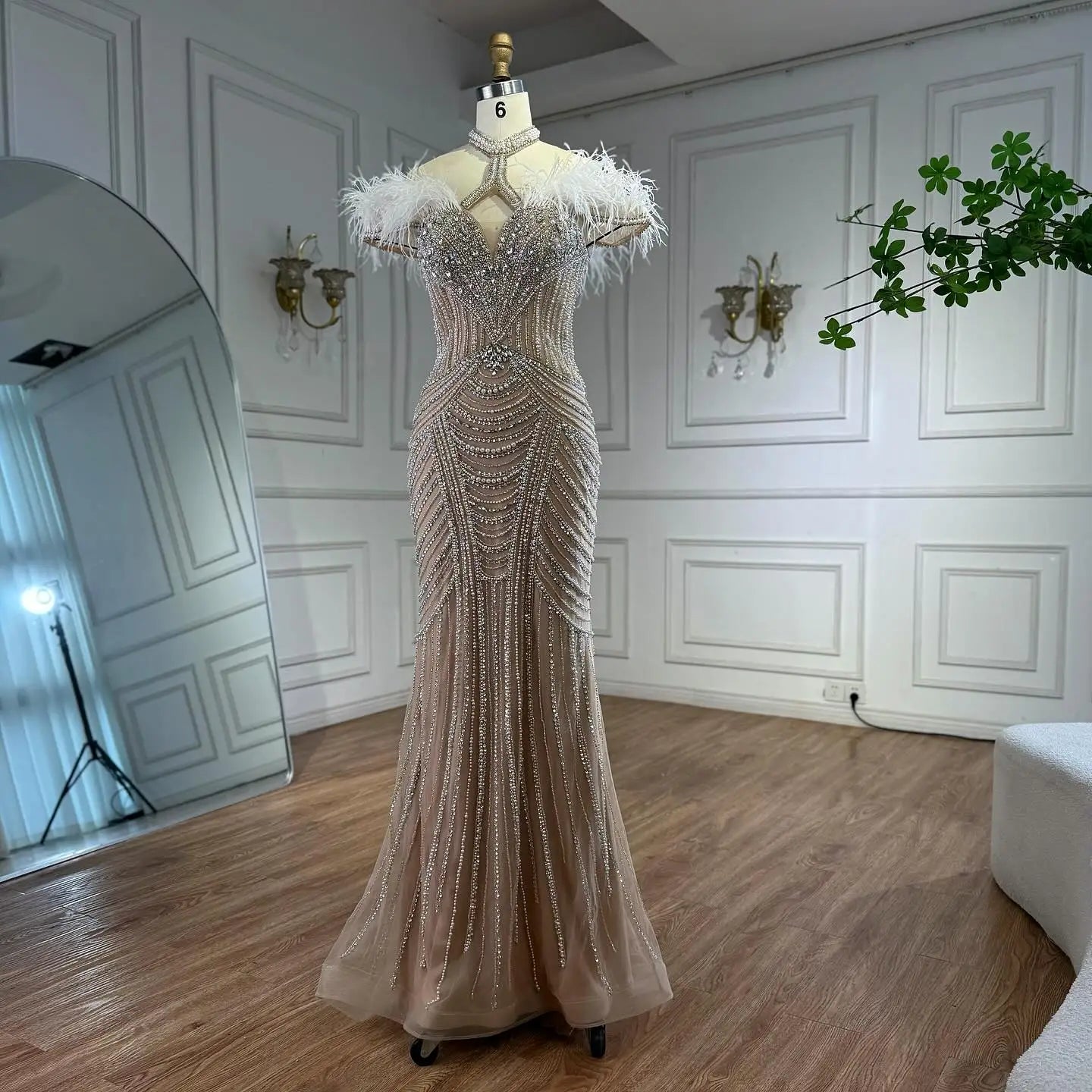 Luxury Pink Feather Halter Beaded Evening Gown for Wedding Party LA73212 - SERENE HILL