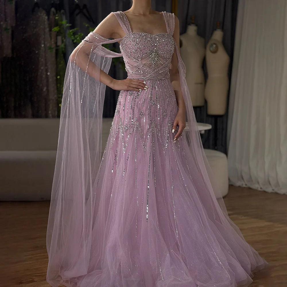 Luxury Dubai pink Beaded Spaghetti Strap Design A-Line Evening Dresses Gowns with Cape Sleeves for Formal Occasion LA72726 - SERENE HILL