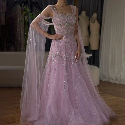 Luxury Dubai pink Beaded Spaghetti Strap Design A-Line Evening Dresses Gowns with Cape Sleeves for Formal Occasion LA72726 - SERENE HILL