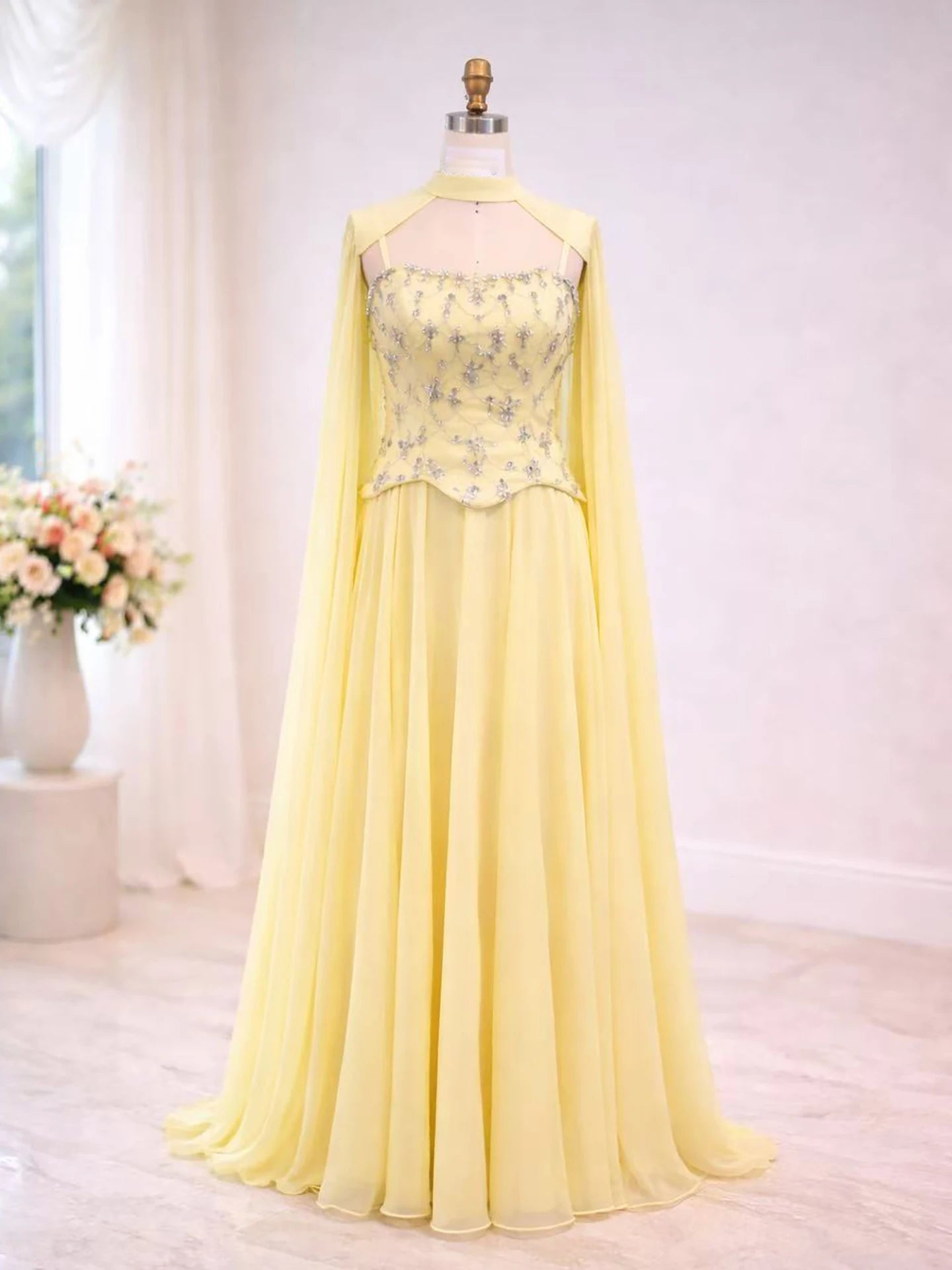Luxury Yellow Stone Two Pieces Evening Dress with Cape LA73073A - SERENE HILL