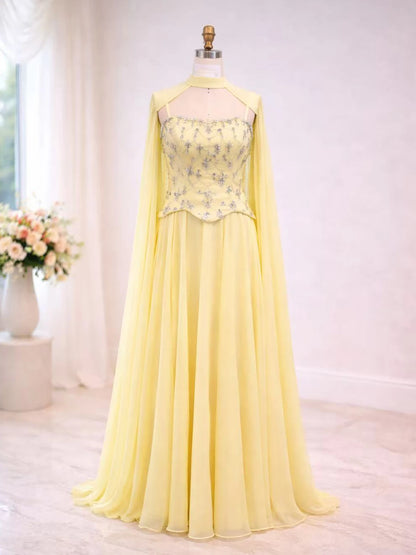 Luxury Yellow Stone Two Pieces Evening Dress with Cape LA73073A - SERENE HILL
