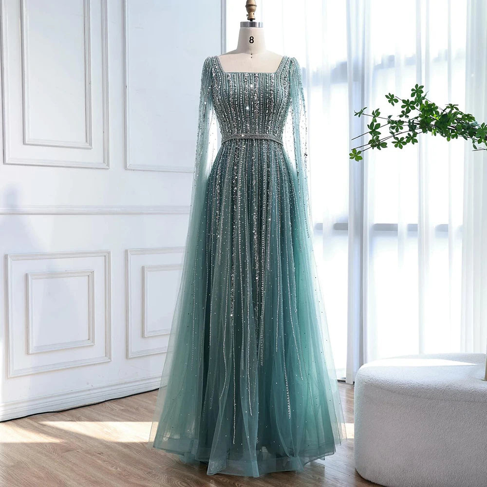 Luxury Dubai Square Neck Beaded Evening Gown with Cape LA73188 - SERENE HILL