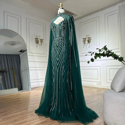 Luxury Dubai   Saudi Green Mermaid Arabic Evening Dresses with Beaded Cape Sleeves for Formal Occasion LA72838 - SERENE  HILL