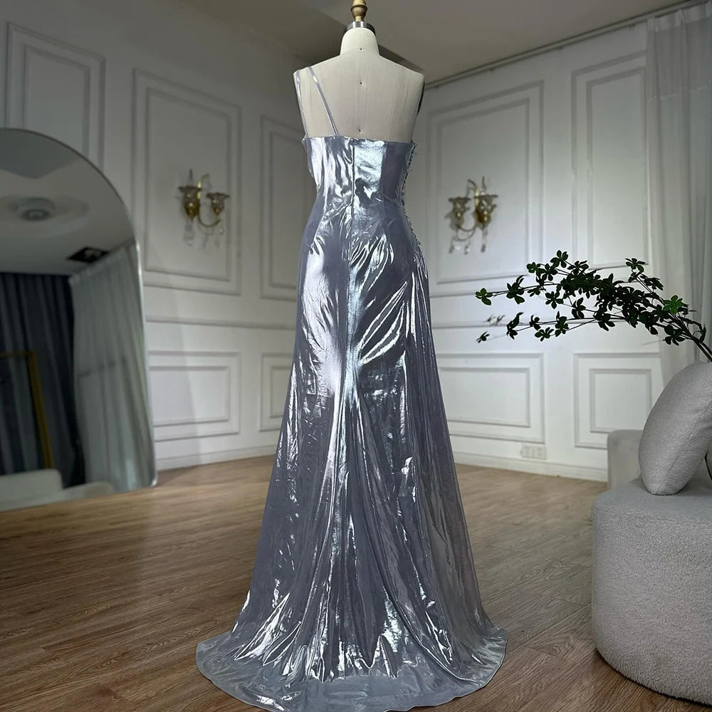 Serene Hill 2025 Elegant Silver One-Shoulder Beaded Mermaid Luxury Dubai Evening Gown with Side Split for Women&