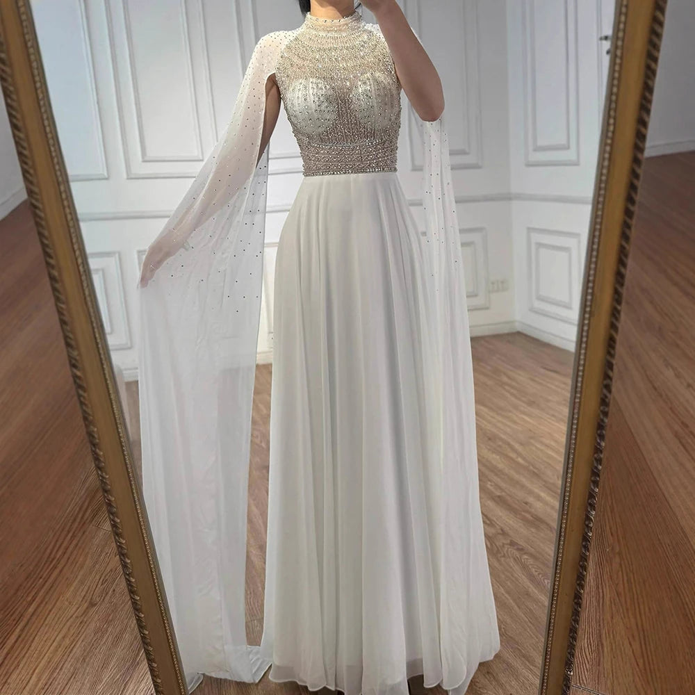 Luxury Nude Chiffon Beaded Evening Dress with Cape LA73144 - SERENE HILL