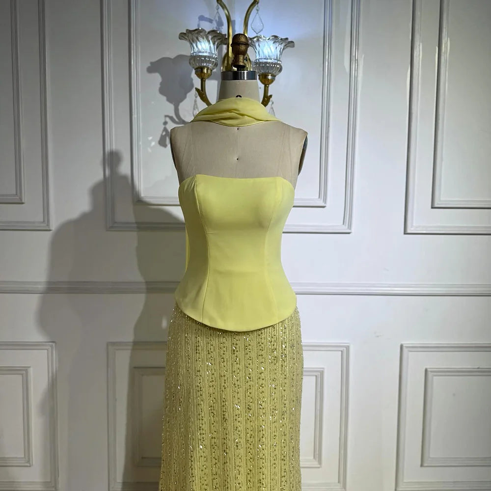 Luxury Yellow Chiffon Mermaid Evening Dress with Cape LA73007 - SERENE HILL